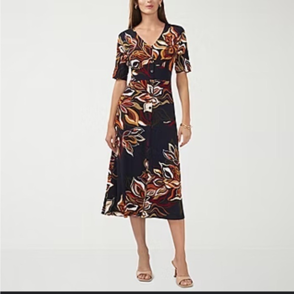 MSK Black Floral Belted Collared Midi Shirt Dress Size Medium - Picture 2 of 9